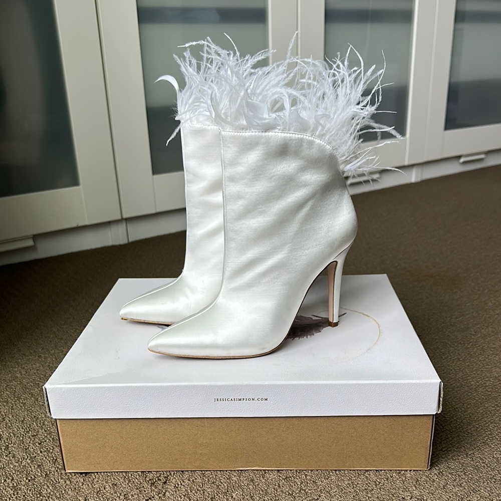 Jessica Simpson PRIXEY White Satin Heeled feather Booties with Pointed Toe